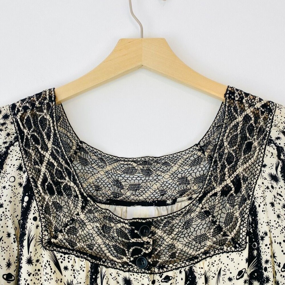 Anna Sui Black and Cream Horoscope Crochet Lace Trim Tie Silk Playsuit UK S - Picture 3 of 9